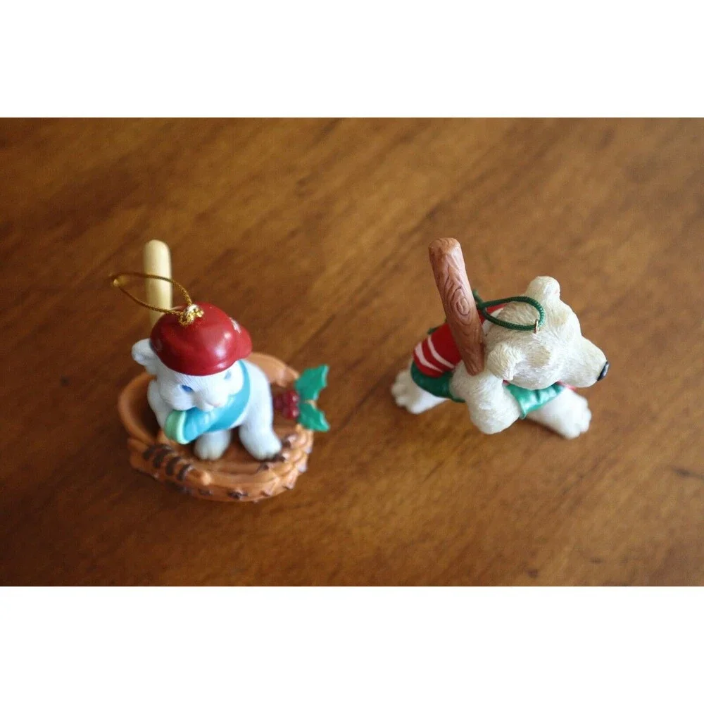 Lot 2x Baseball Bunny Rabbit Glove Bat Polar Bear Swinging Christmas Ornament